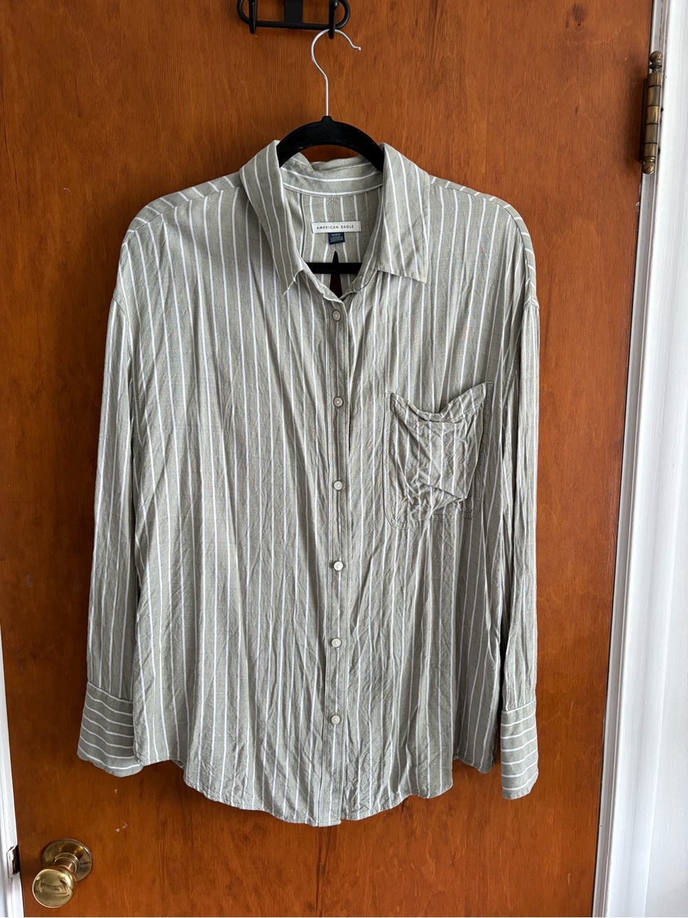 Women’s Striped Button-Up Shirt with Tie Back - Olive/White American Eagle